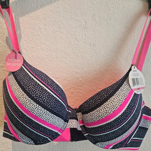 NWT XOXO Bra Lines Be Gone Cute padded push up hot pink navy polka dots bra 36C - Picture 2 of 7